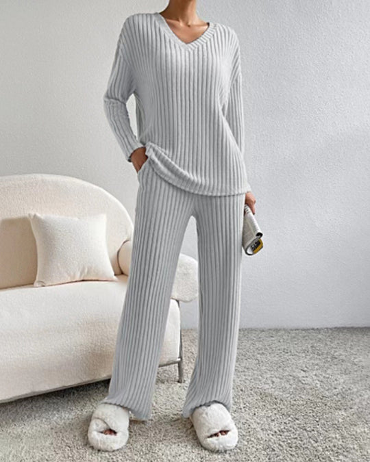 Damen Freizeit-Loungewear-Set aus weichem Rippstoff mit V-Ausschnitt R&B