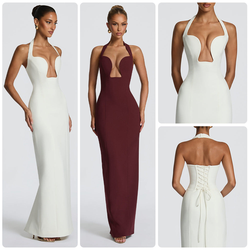Damen Elegantes Abendkleid mit tiefem Herz-Ausschnitt und schwingendem Saum R&B