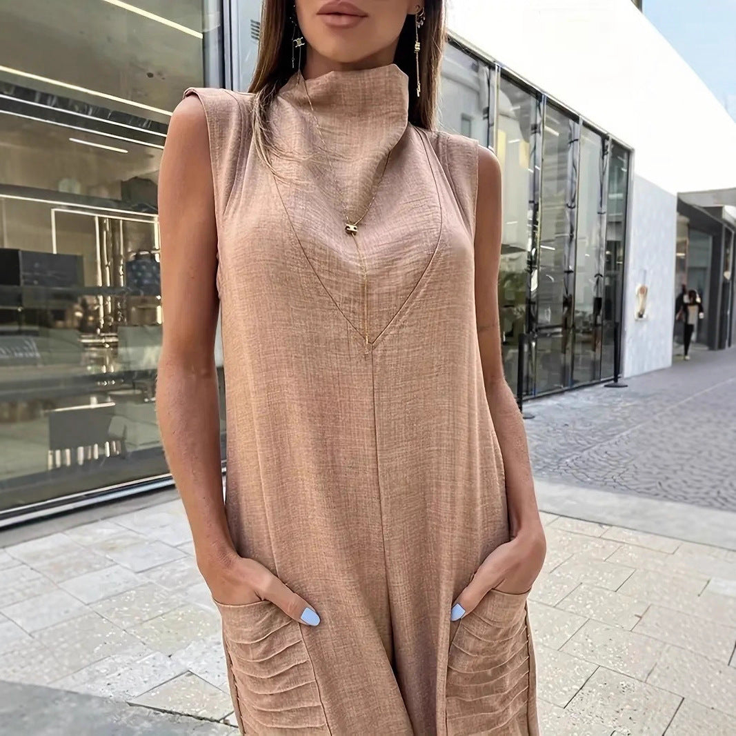Damen luftiger Maxijumpsuit mit dekorativen Falten und seitlichen Taschen R&B
