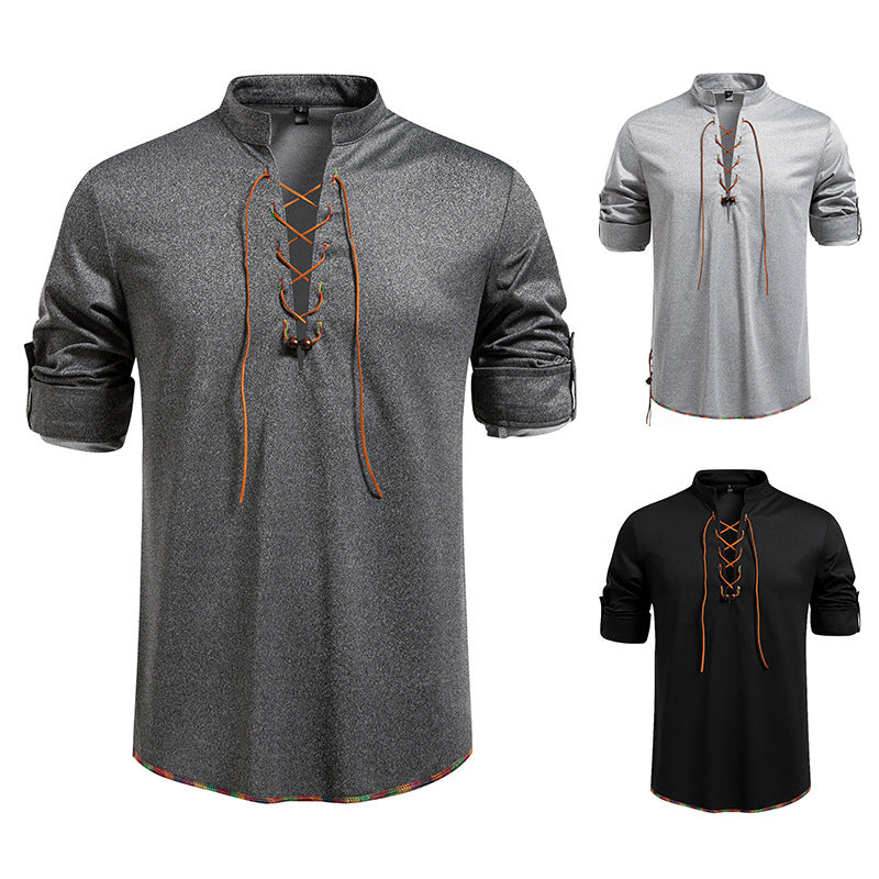 Herren Langarmshirt mit Kordelzug und Stehkragen R&B