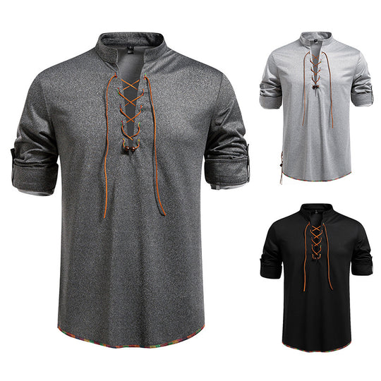 Herren Langarmshirt mit Kordelzug und Stehkragen R&B