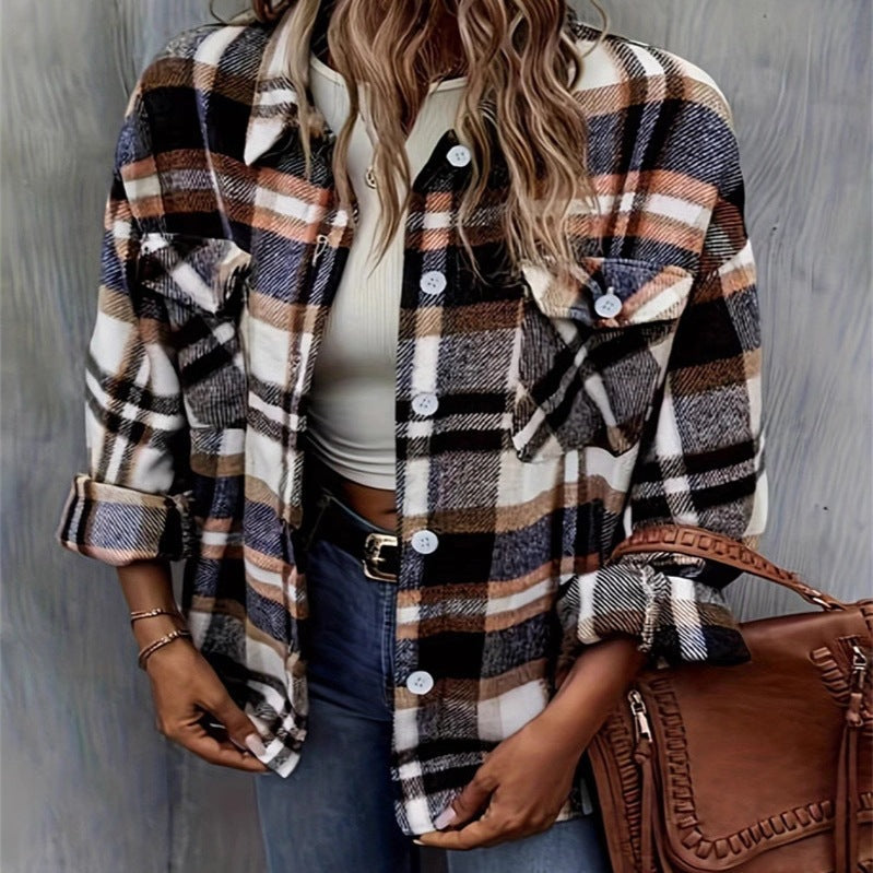Damen karierte Flanelljacke mit Taschen und geschmackvoller Knopfleiste R&B