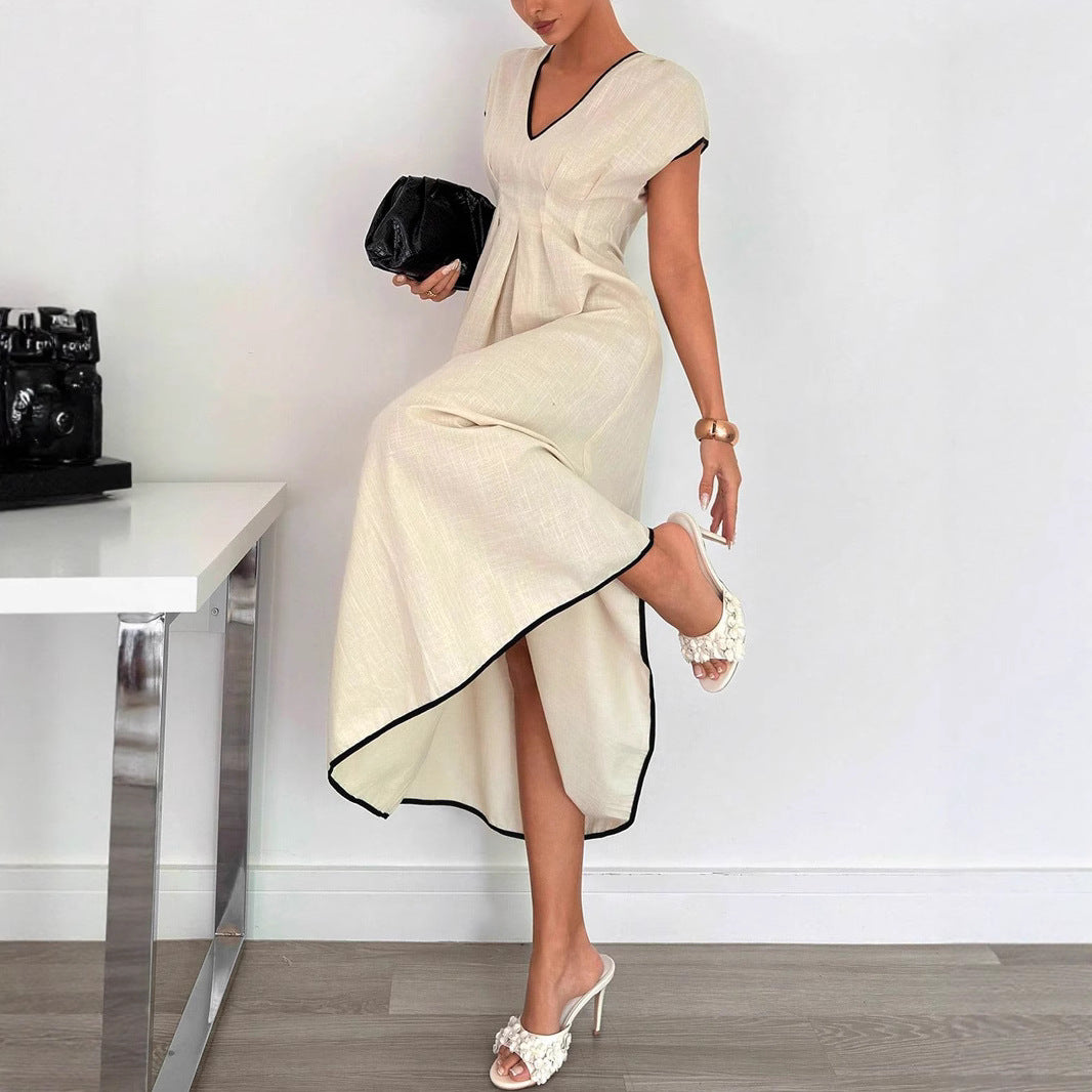 Damen Fließendes Maxikleid mit V-Ausschnitt und schwingendem Rock R&B