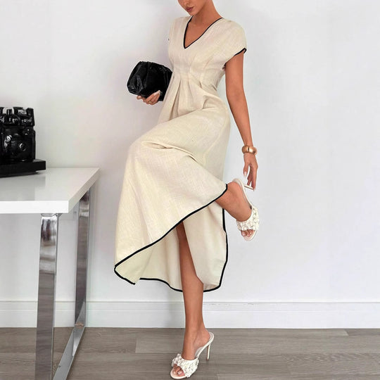 Damen Fließendes Maxikleid mit V-Ausschnitt und schwingendem Rock R&B