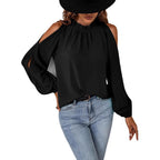 Damen trendige Bluse mit schulterfreier Gestaltung und Puffärmeln R&B