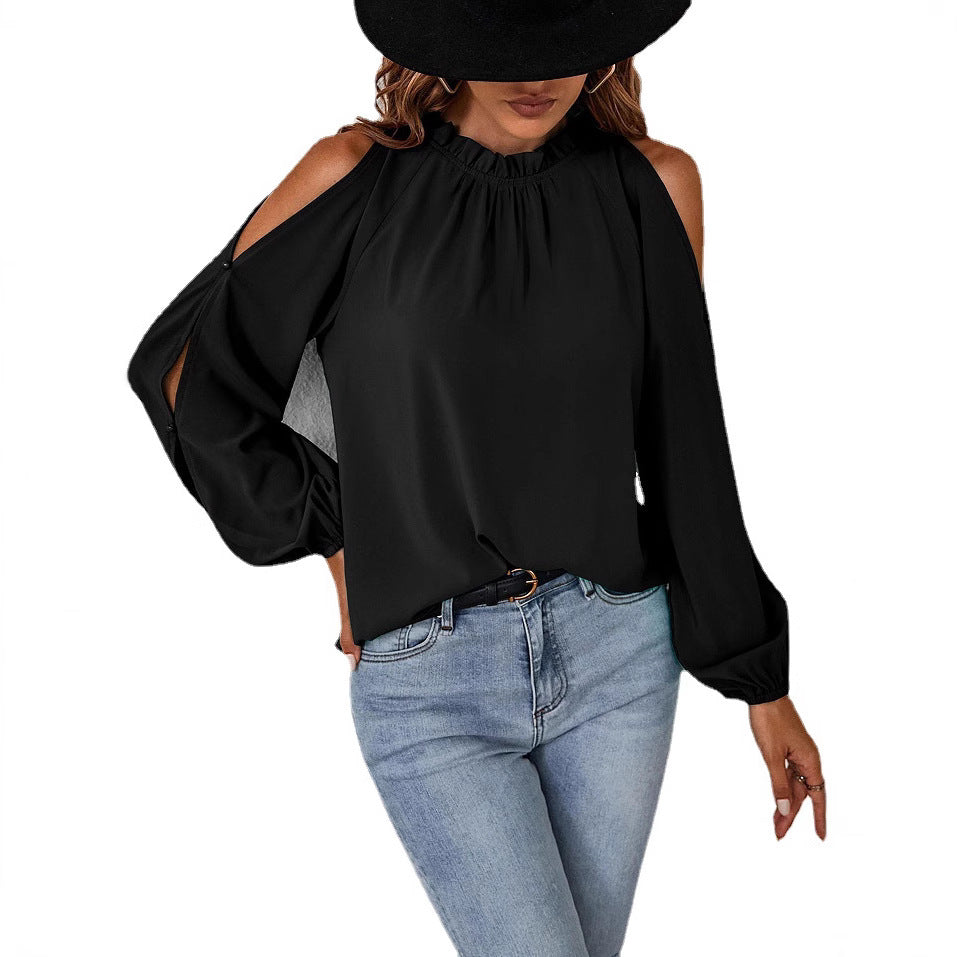 Damen trendige Bluse mit schulterfreier Gestaltung und Puffärmeln R&B