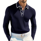 Herren nan schmal geschnittenes Rippstrick-Poloshirt mit Langarm, Kontrastpaspel und feiner Struktur R&B