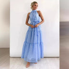 Damen Maxikleid mit raffiniertem Hochkragen und gestuftem Design R&B