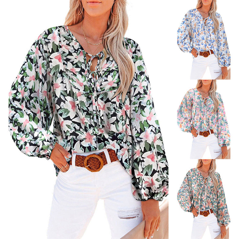 Damen Lockere Bluse mit floralem Muster und voluminösen Ärmeln R&B