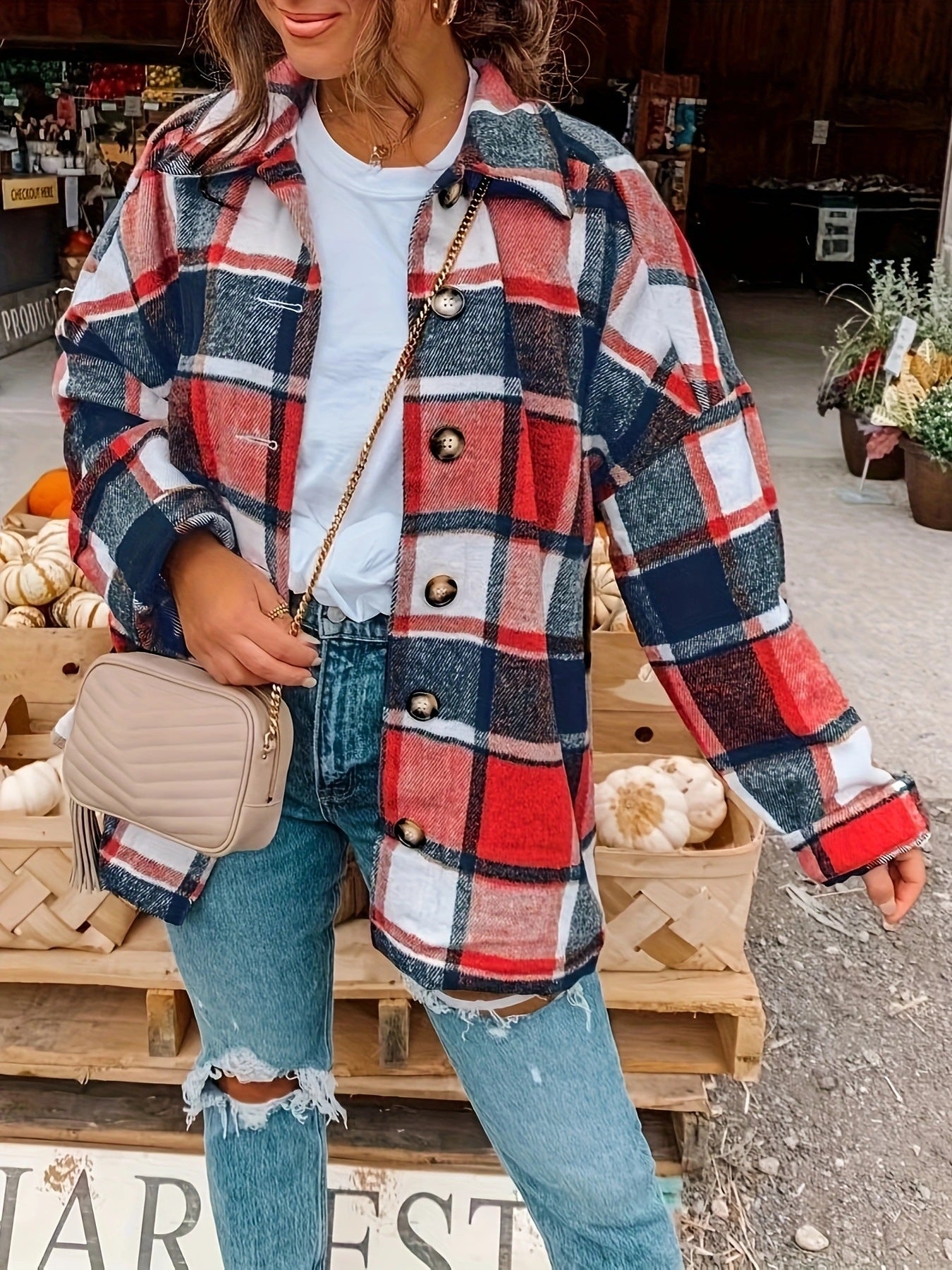 Damen Karierte Flanelljacke mit Knopfdetails und lässigem Schnitt R&B