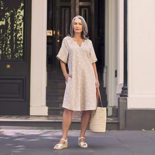 Damen nan lockeres A-Linien Leinenoptik-Kleid mit V-Ausschnitt, geraffter Schulterpartie und Eingrifftaschen R&B