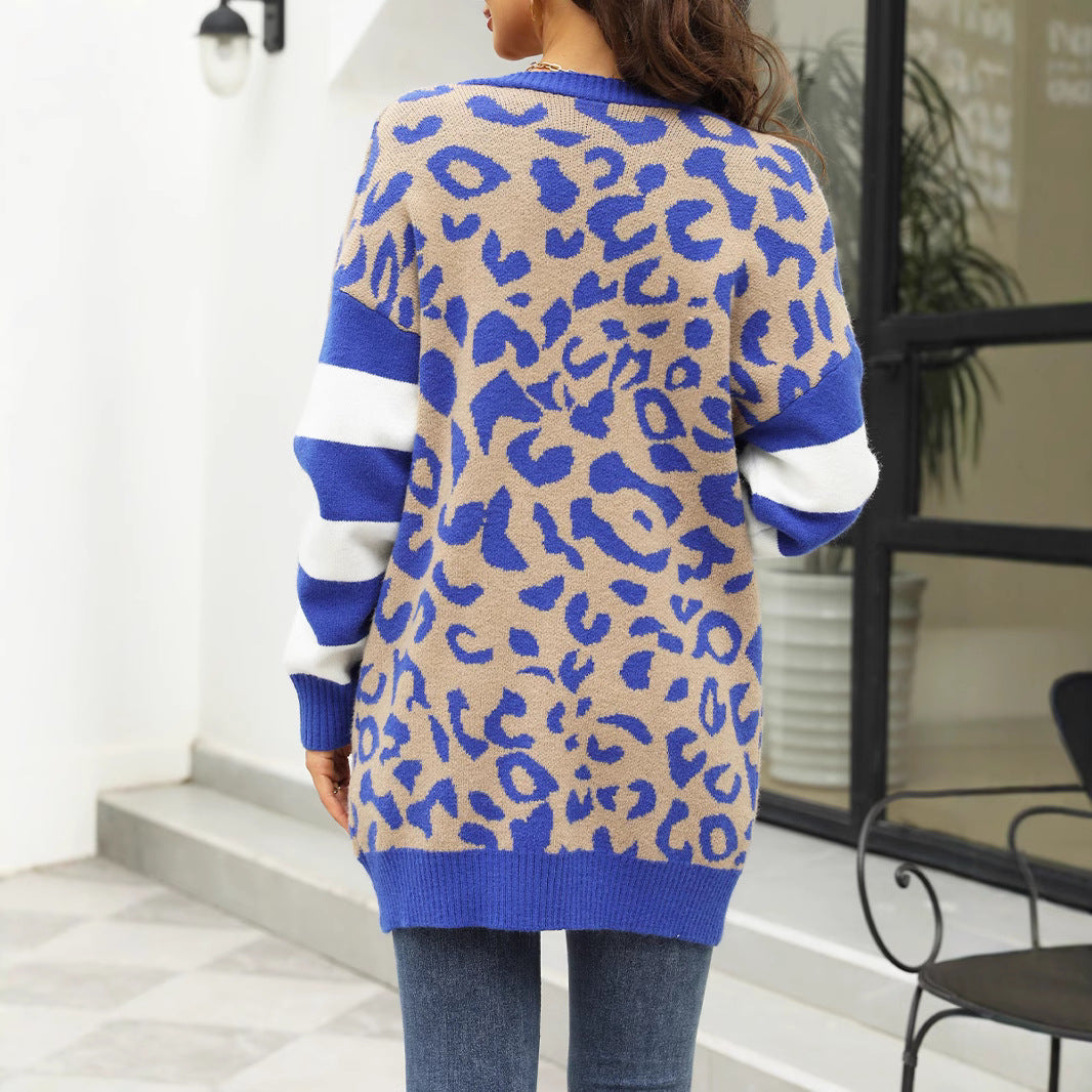 Damen lässige Strickjacke mit leopardenmuster und modernen Streifen R&B