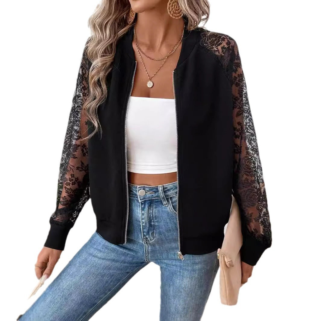 Damen nan leichte Bomberjacke mit floralen Spitzenärmeln und Reißverschluss R&B