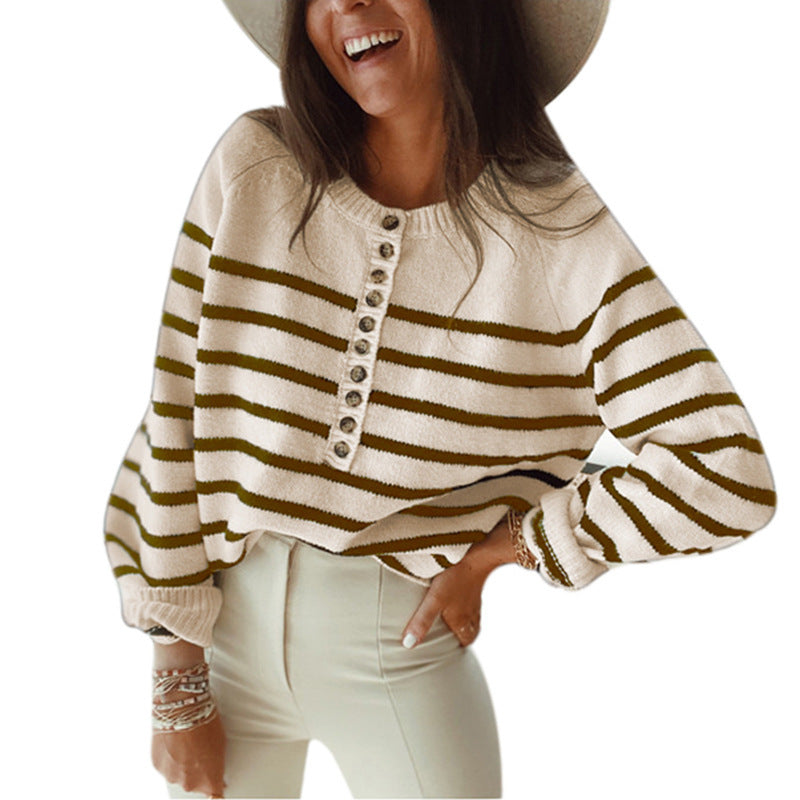 Damen Streifenstrickpullover mit Knopfleiste und weitem Schnitt R&B