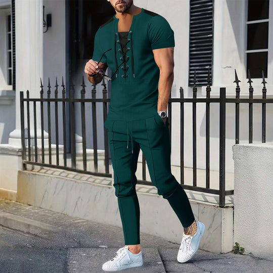 Herren modisches Kurzarm-Henley-T-Shirt mit strukturiertem Design und dekorativer Schnürung R&B