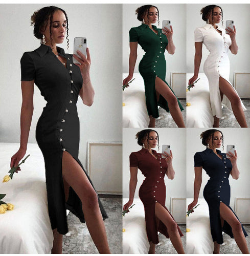 Damen Elegantes Maxikleid mit Knopfverschluss und schickem Schlitz R&B