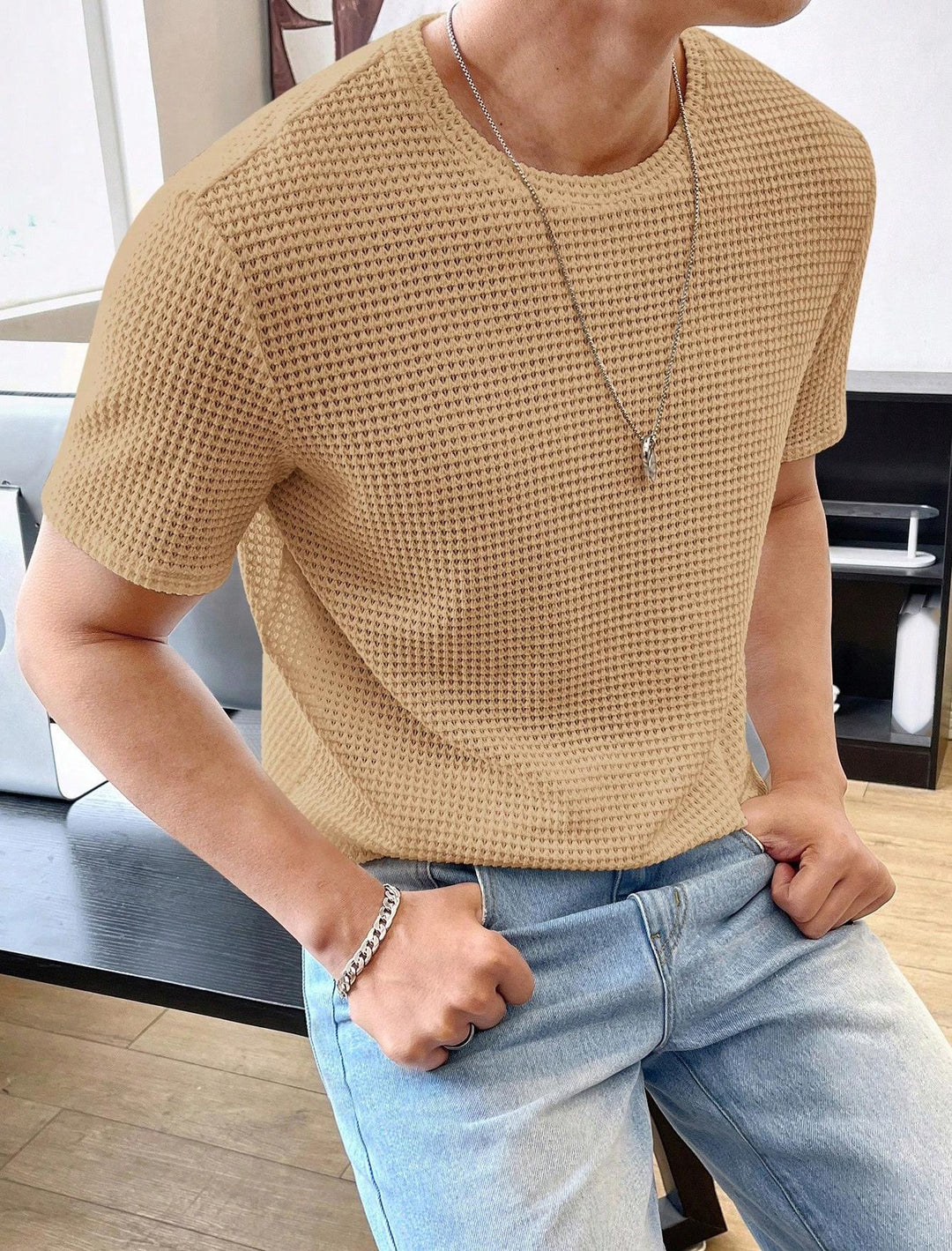 Herren lässiges Struktur-T-Shirt aus atmungsaktivem Material R&B