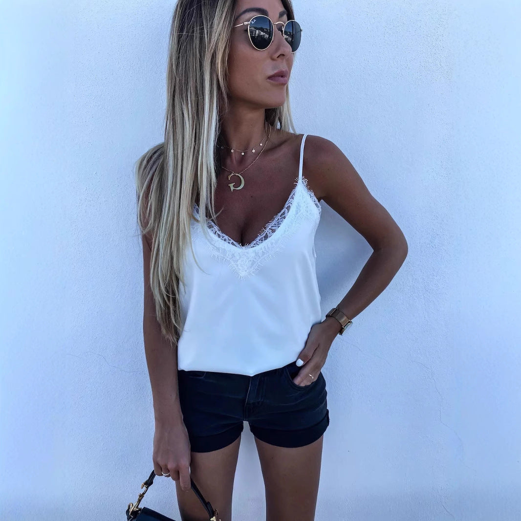 Damen Satin-Top mit Spitzenverzierung
