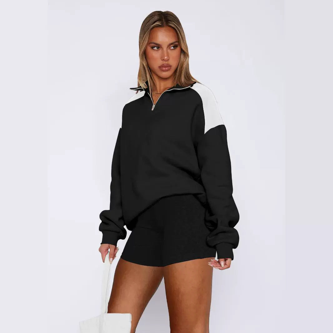 Damen lässiger Sweatshirt mit halbem Reißverschluss und kontrastierenden Ärmeln R&B
