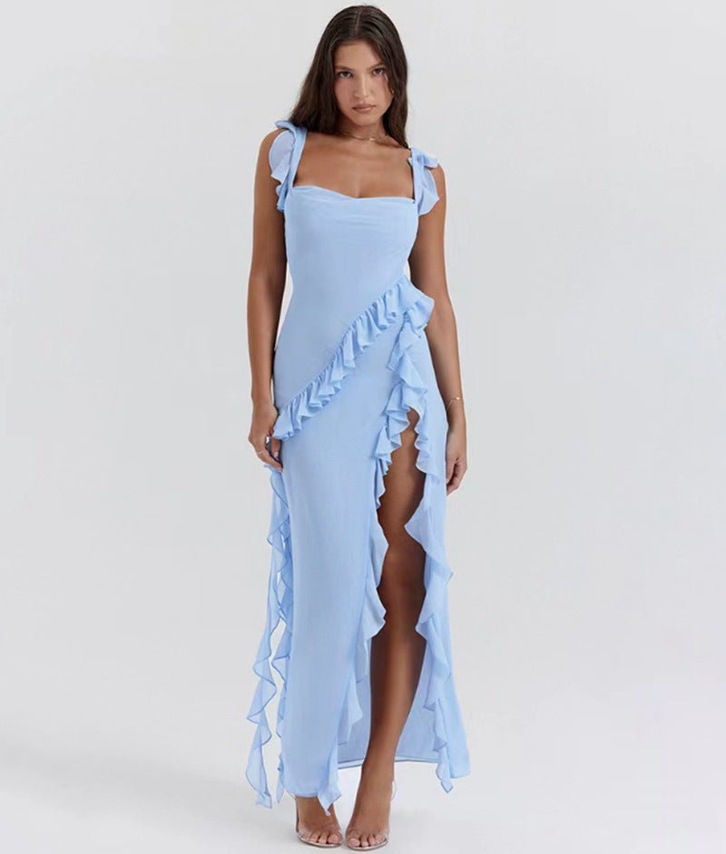 Damen nan langes Abendkleid mit quadratischem Ausschnitt, Schulter-Rüschenträgern und hoher Beinschlitze R&B