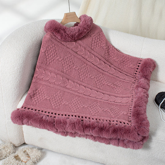 Damen kuscheliger Strickponcho mit samtigem Fellbesatz R&B
