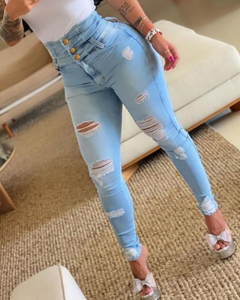 Damen High-Waist Denim Jeans mit modischen Destroyed-Details R&B