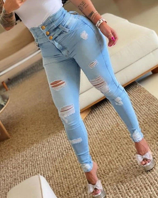 Damen High-Waist Denim Jeans mit modischen Destroyed-Details R&B