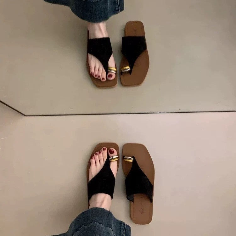Damen Zehentrenner-Sandalen mit elegantem Goldakzent und rutschfester Sohle R&B