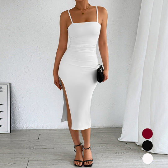Damen figurbetontes Midi-Kleid mit schulterfreien Trägern und tiefem Schlitz R&B