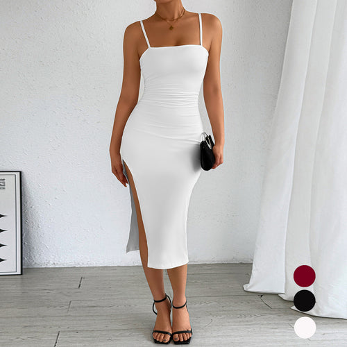 Damen figurbetontes Midi-Kleid mit schulterfreien Trägern und tiefem Schlitz R&B