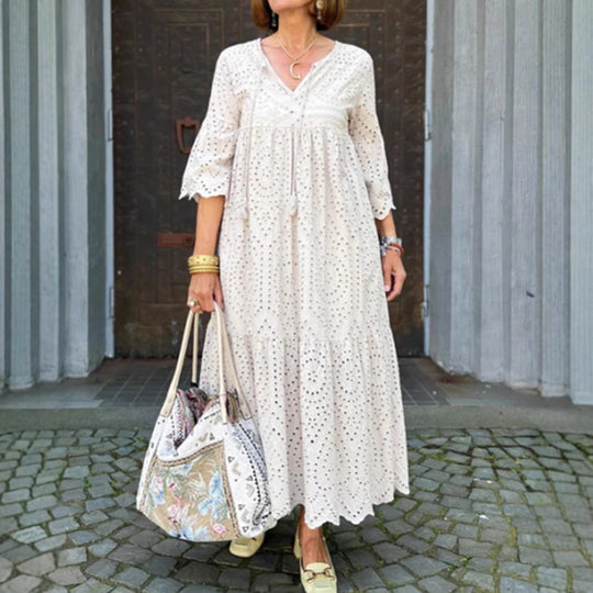 Damen Maxikleid mit femininen Rüschendetails und luftiger Baumwollstruktur Heidi-Mode