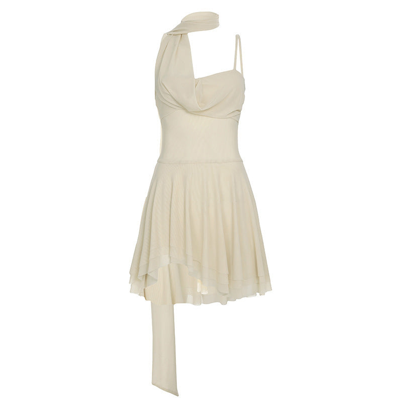 Damen elegantes asymmetrisches Mini-Kleid mit dekorativem Schulterband und fließendem Saum R&B