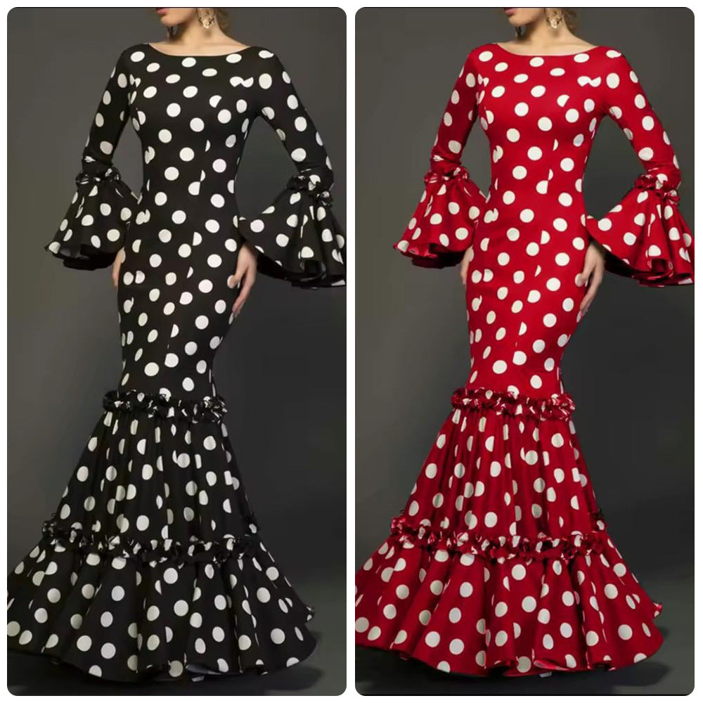 Damen Elegantes Maxikleid mit auffälligem Volant und Polka-Dots R&B