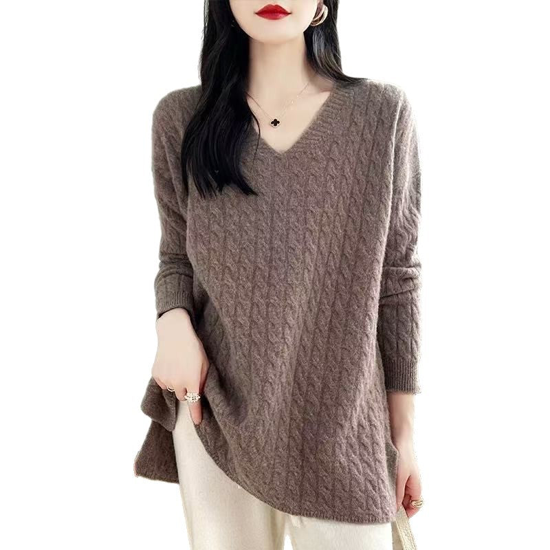 Damen Grobstrickpullover mit V-Ausschnitt und lässigem Schnitt R&B
