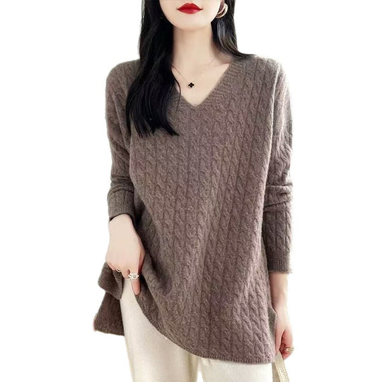 Damen Grobstrickpullover mit V-Ausschnitt und lässigem Schnitt R&B