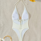 Damen einteiliger Badeanzug mit tiefem V-Ausschnitt und stilvollem Metalldetail R&B