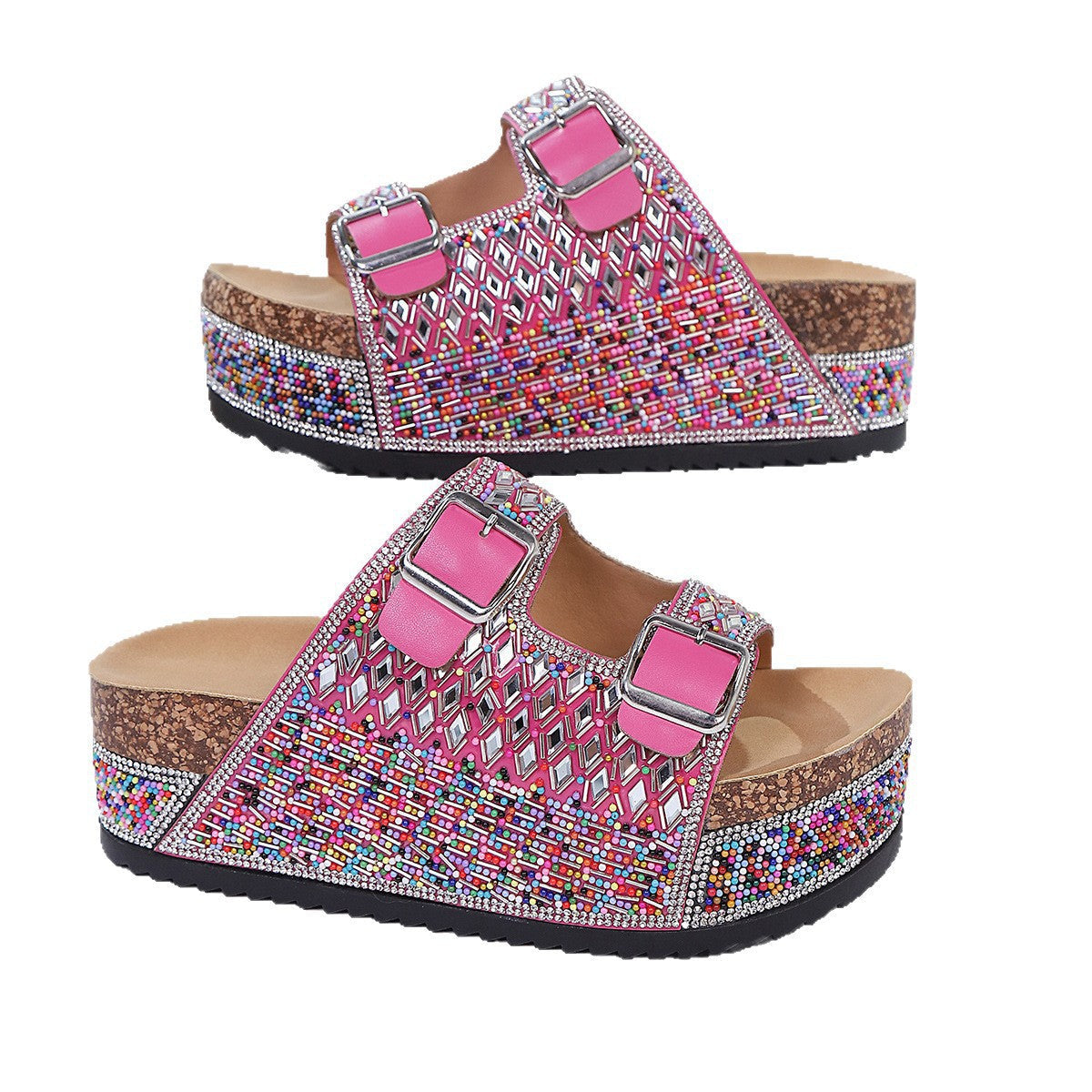 Damen Komfortable Sandalen mit dekorativen Schnallen und buntem Glitzerdesign