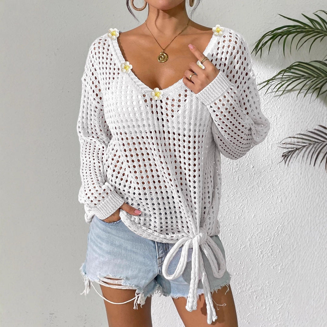 Damen luftiger Strickpullover mit floralem Dekor R&B