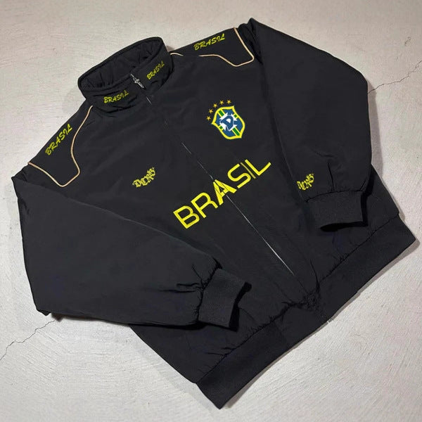 Unisex nan sportliche Retro-Trainingsjacke mit Stehkragen Reißverschluss Brustemblem und Brasilien-Schriftzug R&B