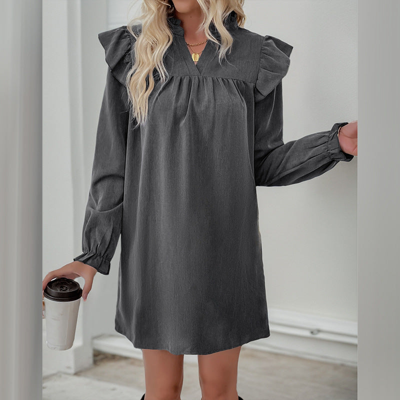 Damen lässiges Kleid mit Rüschendetails und langem Arm R&B