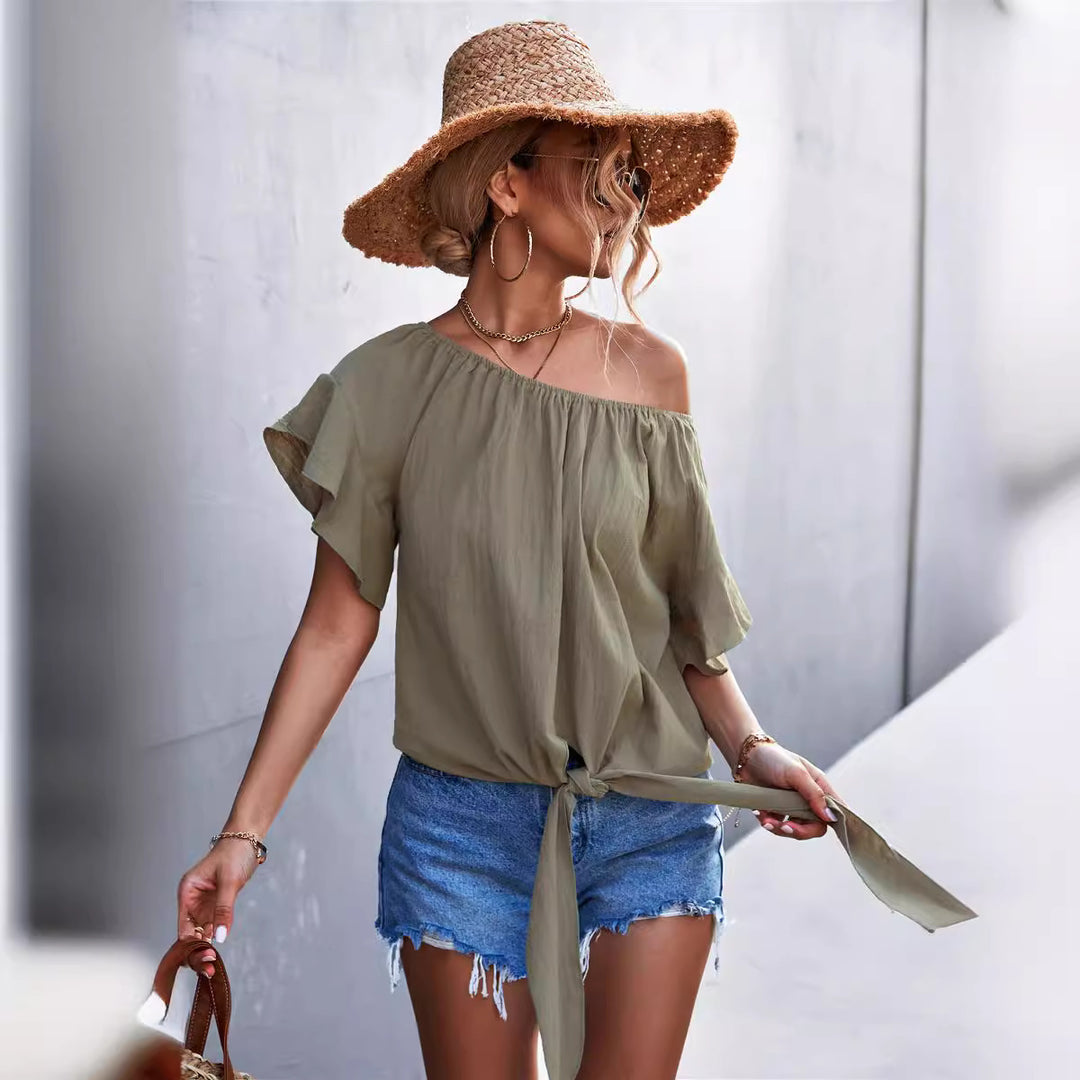 Damen luftiges Blusenshirt mit verspieltem Knoten und voluminösen Ärmeln R&B
