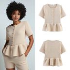 Damen Kurzarm Bluse mit Rüschensaum R&B