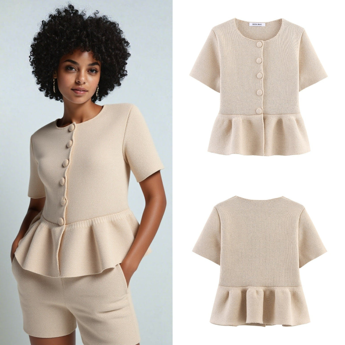 Damen Kurzarm Bluse mit Rüschensaum R&B