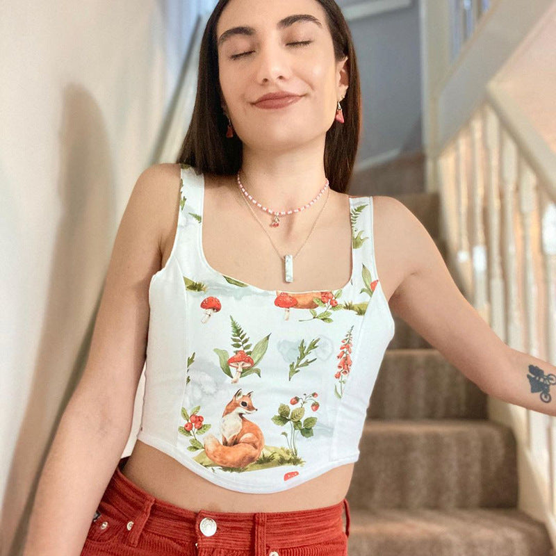 Damen Crop Top mit kunstvollem Flora-Design und verstellbaren Trägern R&B