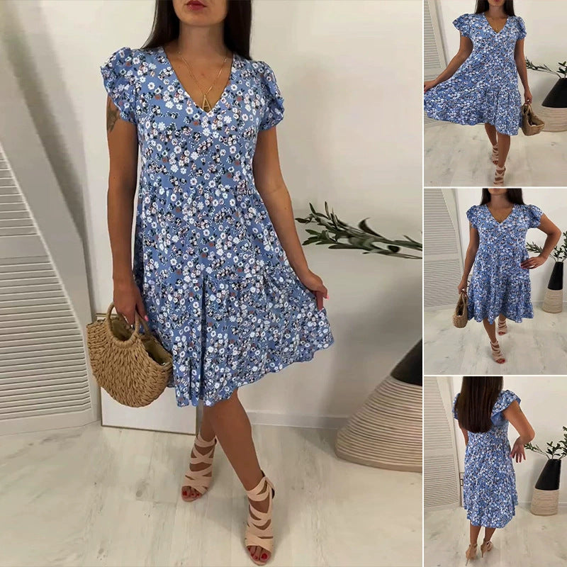 Damen Sommerliches Blütenmuster Kleid mit V-Ausschnitt und Rüschendetails R&B