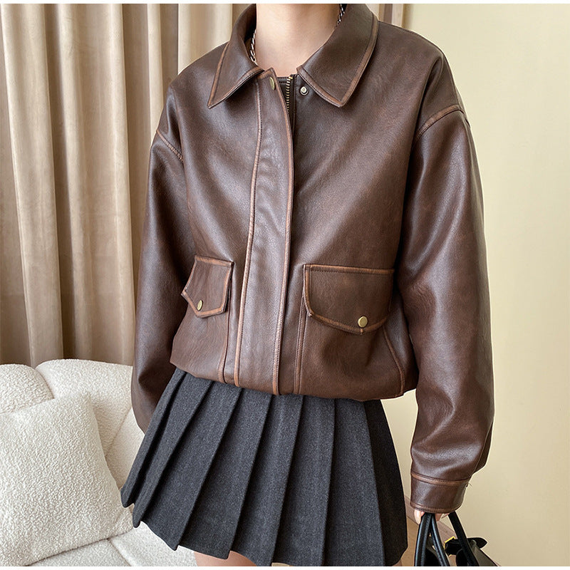 Damen Lässige Kunstlederjacke mit praktischen Taschen und elastischem Saum R&B