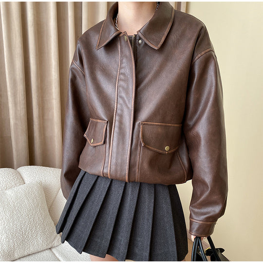 Damen Lässige Kunstlederjacke mit praktischen Taschen und elastischem Saum R&B