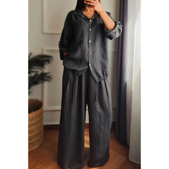 Damen Leinen-Set mit weiten Hosen undlässiger Bluse R&B