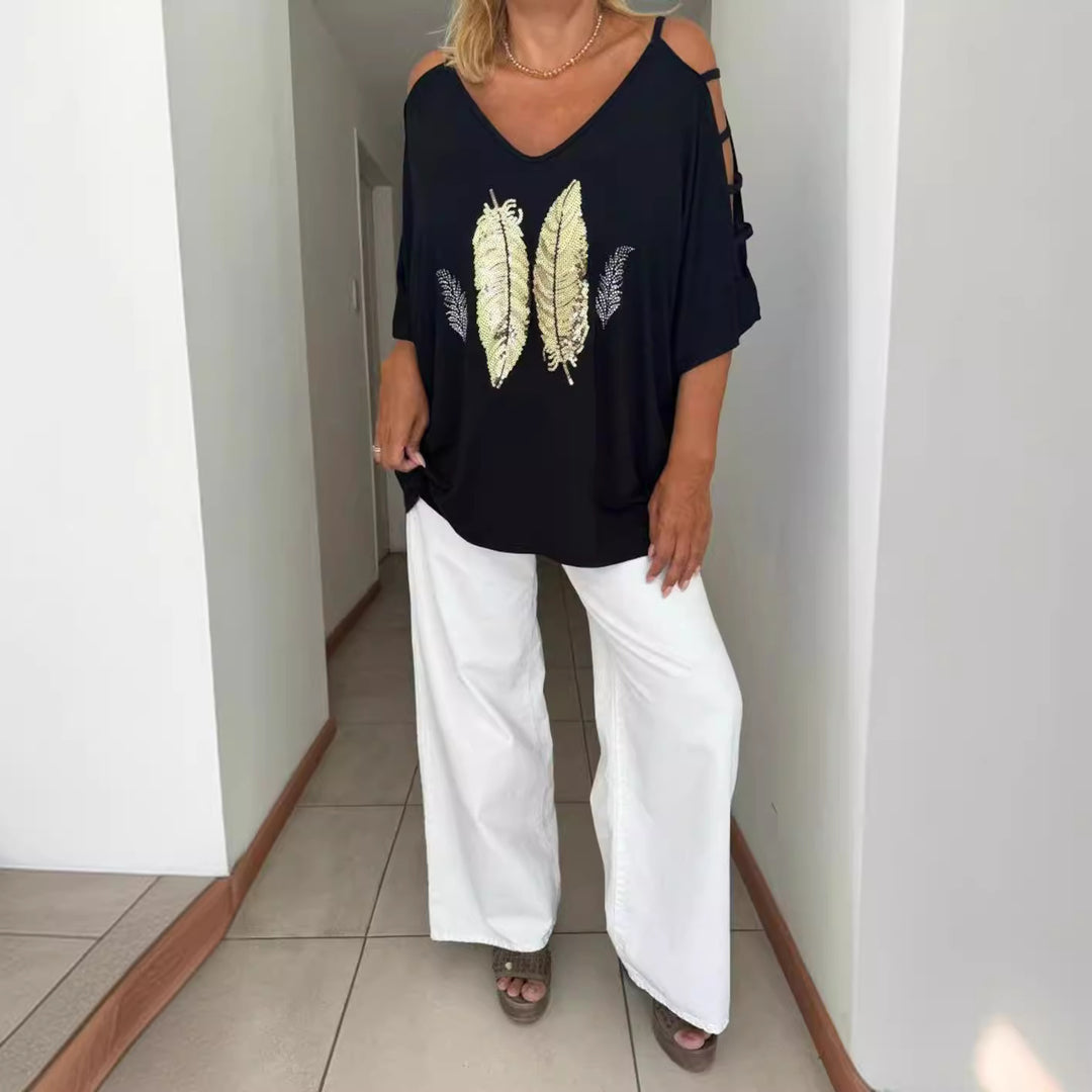 Damen nan weit geschnittenes Blusenshirt schulterfreies Design mit Pailletten-Federapplikation und geschlitzten Ärmeln R&B