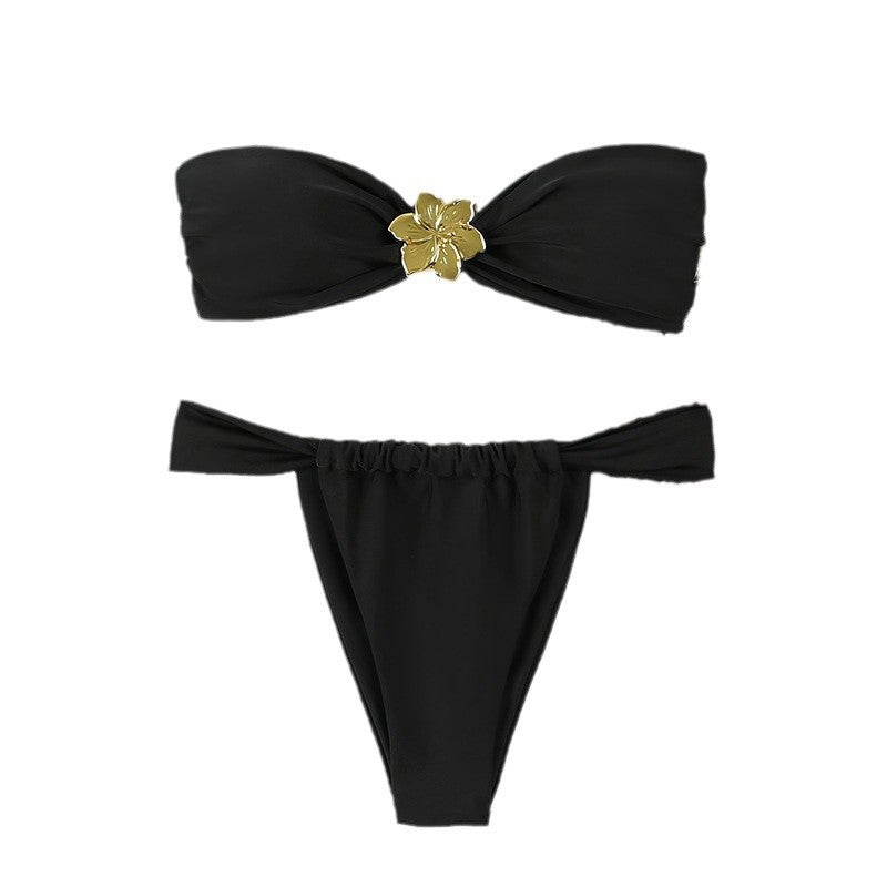 Damen Bandeau-Bikini-Set mit dekorativem Blüten-Detail R&B